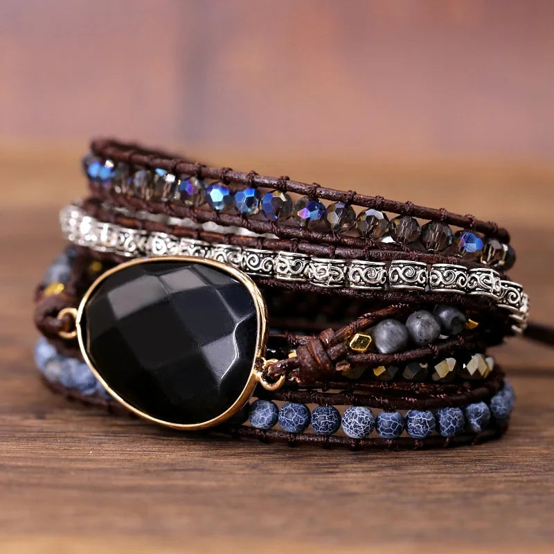 Exclusive Leather, Black Onyx Mix 5 Strands women/men Wrap Bracelet