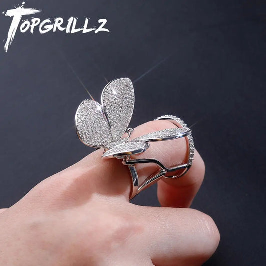 TOPGRILLZ Adjustable Butterfly Movable Wings Ring Cubic Zirconia