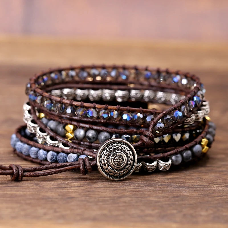 Exclusive Leather, Black Onyx Mix 5 Strands women/men Wrap Bracelet