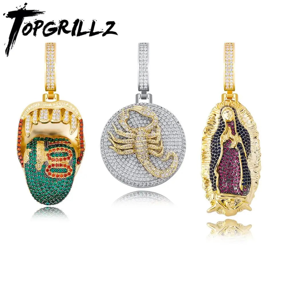 TOPGRILLZ Men's Pendant Green Tongue, Animal, Scorpion, Virgin Mary