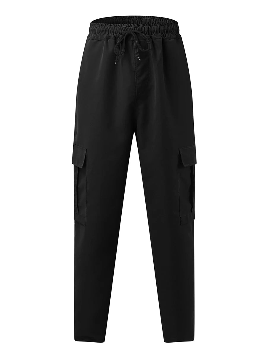 Men's Loose Cargo Pants, Drawstring Waist Straight Leg Pants with Pockets