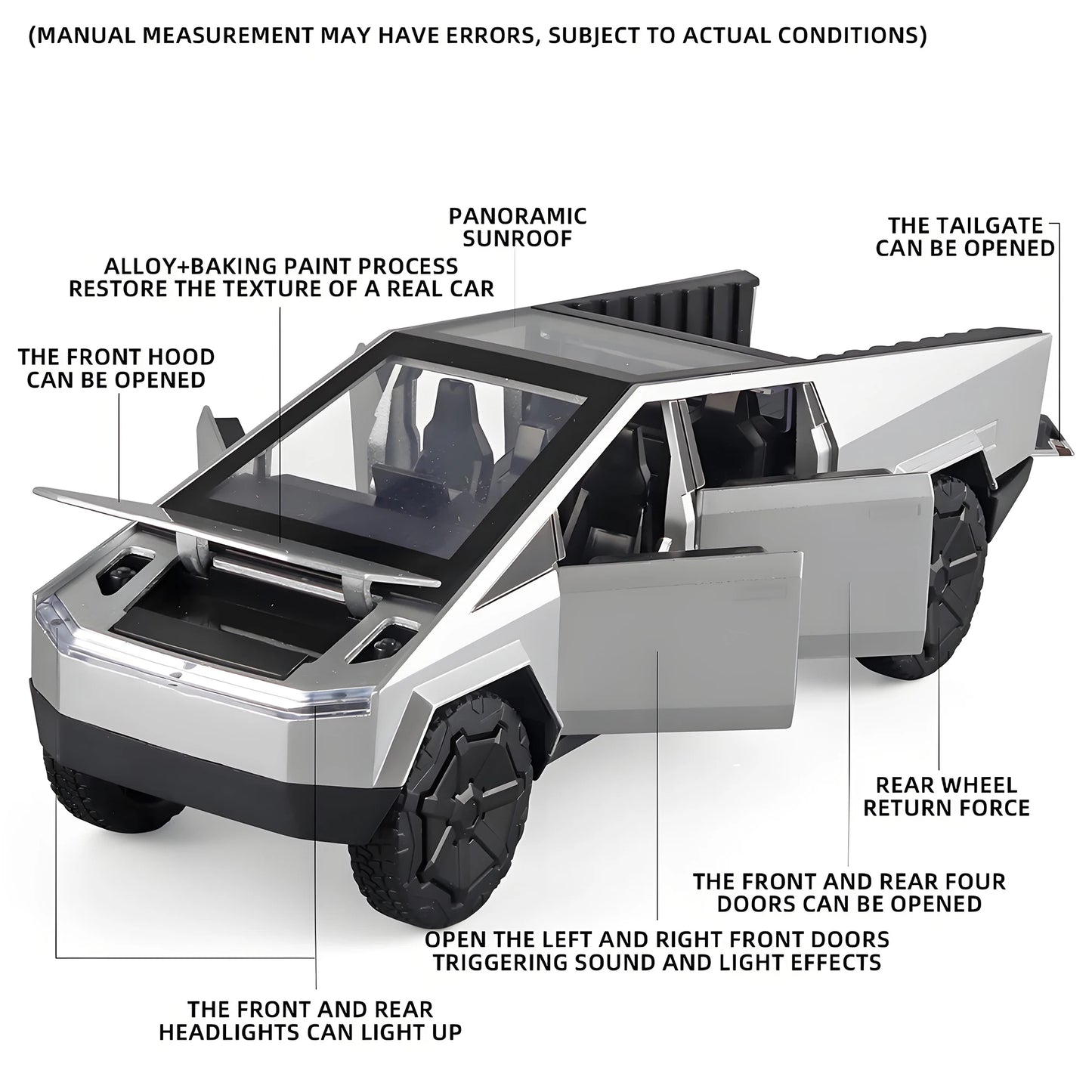 1:32 Cyber truck Pickup Toy, Alloy Off-road, Die-cast Metal Model Sound and Light Return for Children.