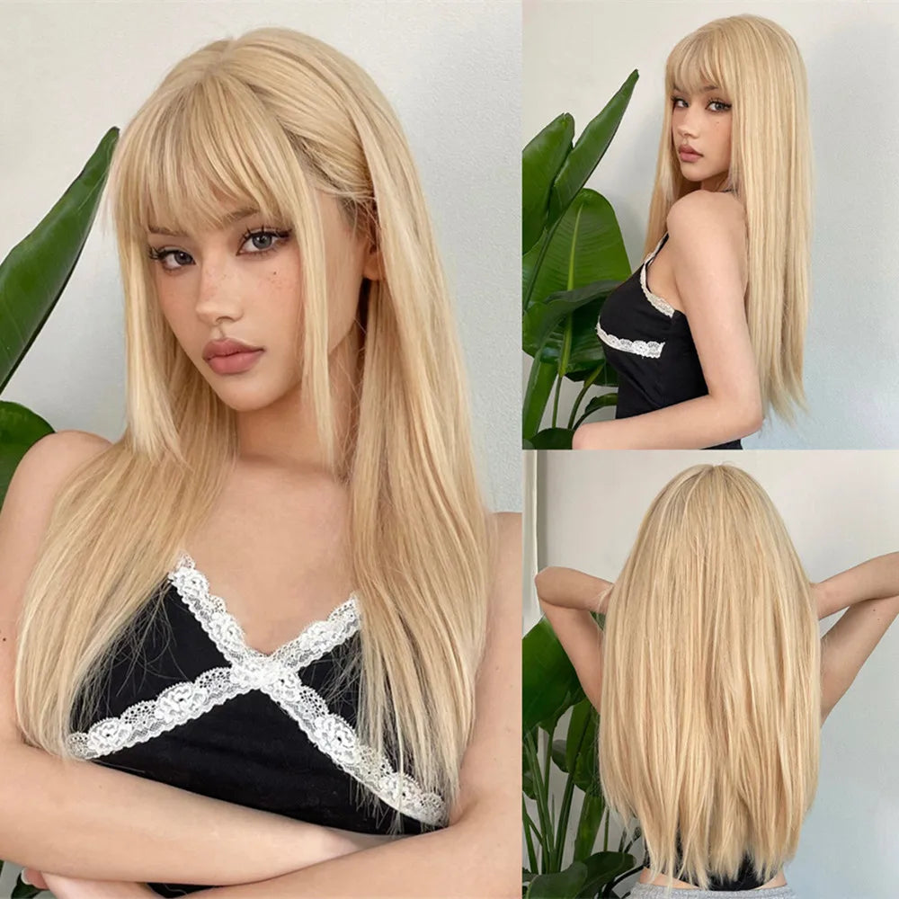 EASIHAIR Long Silky Straight Synthetic Wigs with Bangs Black Lolita Hairm, Natural Heat Resistant Wig