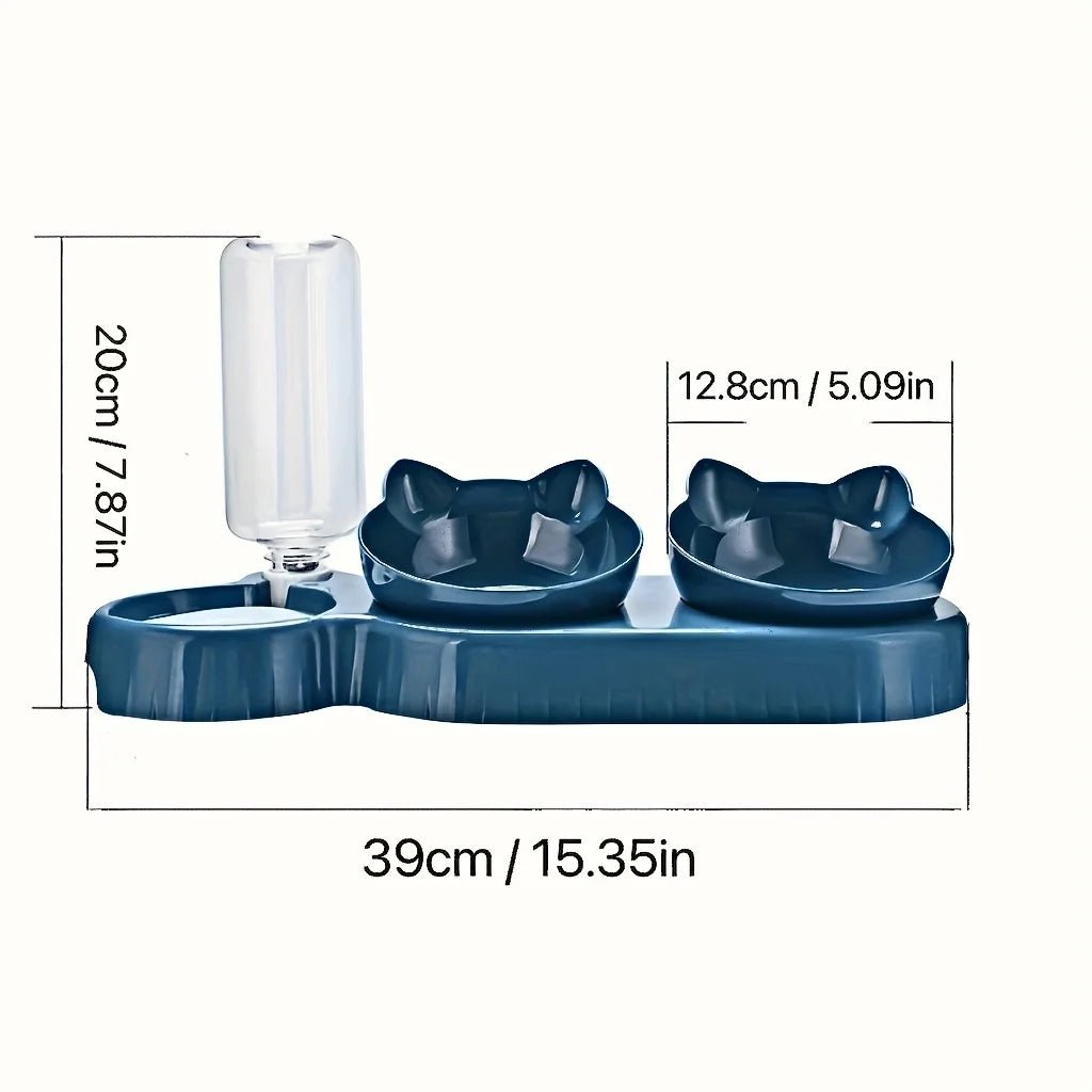 Pet Bowls With Water Feeder, 3 In 1 Ear Design Tilted Cat Water and Food Bowl, Set with Gravity Water Bottle for Neck Protection.