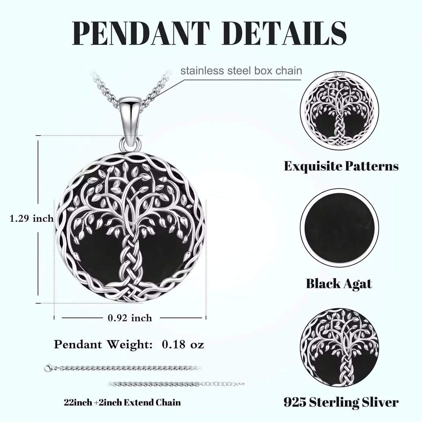 925 Sterling Silver Tree of Life Necklace Pendant Black Agate Celtic Knot