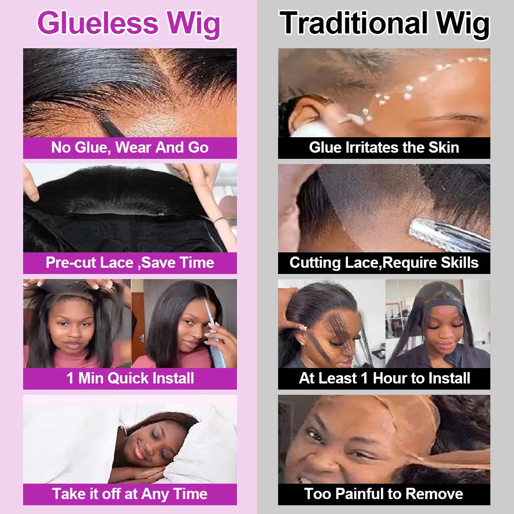 Brazilian Human Hair Bob Wigs Glueless HD Lace Front Wig, No Glue, Short Bone Straight Lace Frontal Ready to Wear, 250 Density