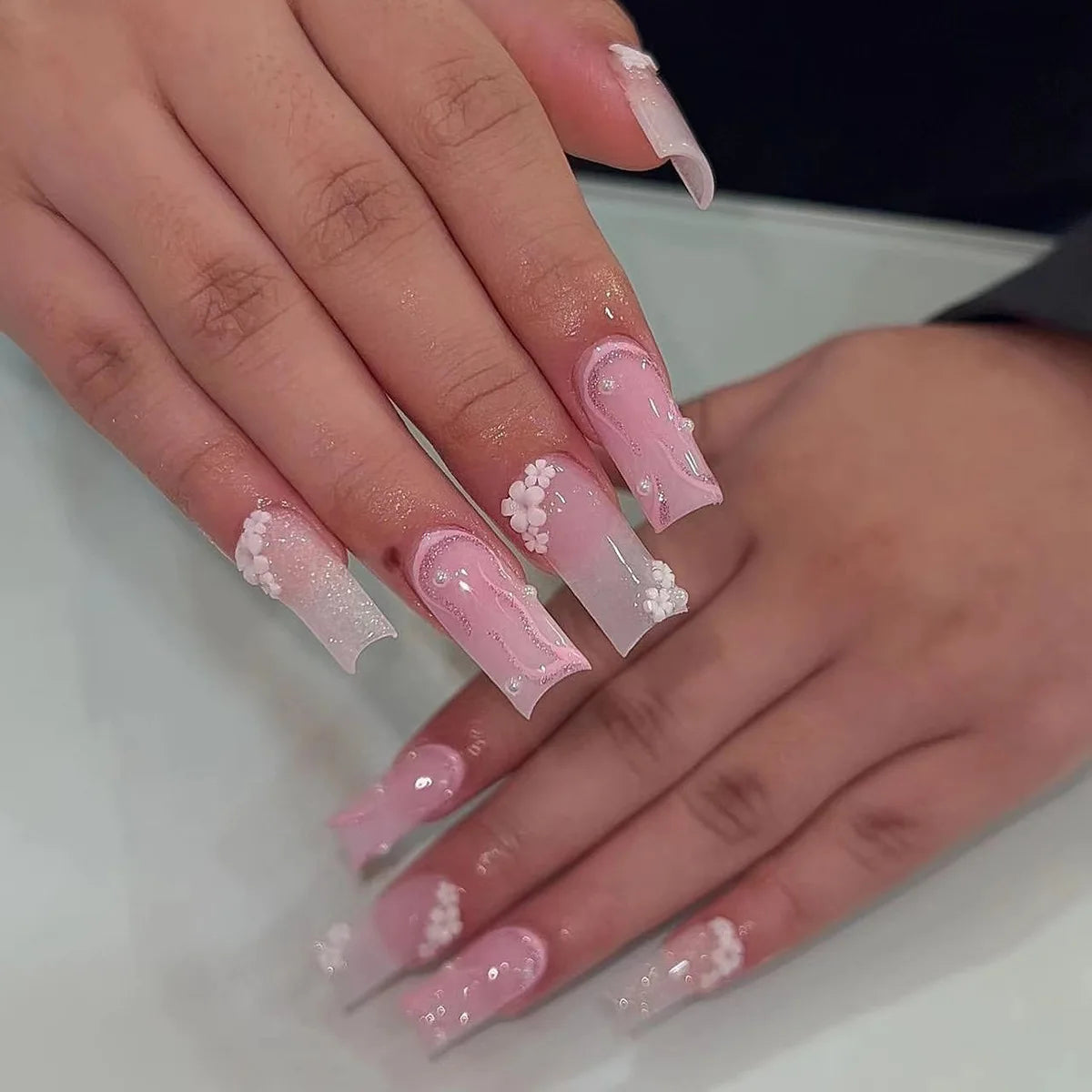 24pcs Y2k Colorful French Long Square 3D Flowers Butterfly Pearl Diamond Nails