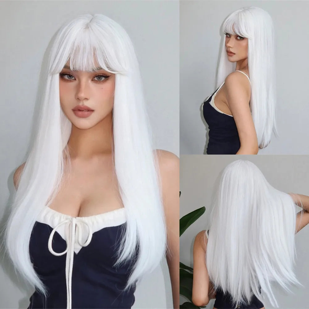 EASIHAIR Long Silky Straight Synthetic Wigs with Bangs Black Lolita Hairm, Natural Heat Resistant Wig