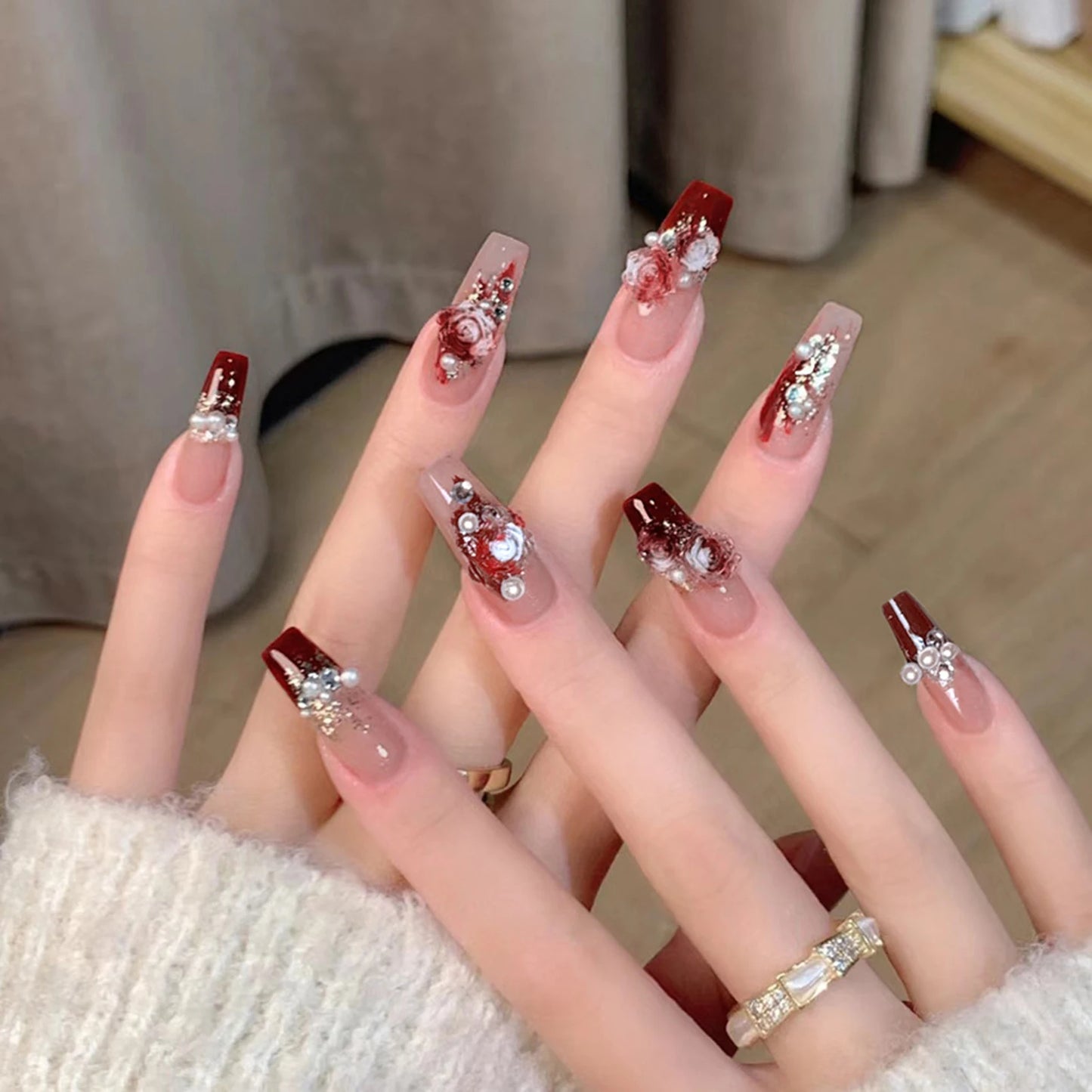 French False Nail for Women Coffin White Tips with Star Pattern