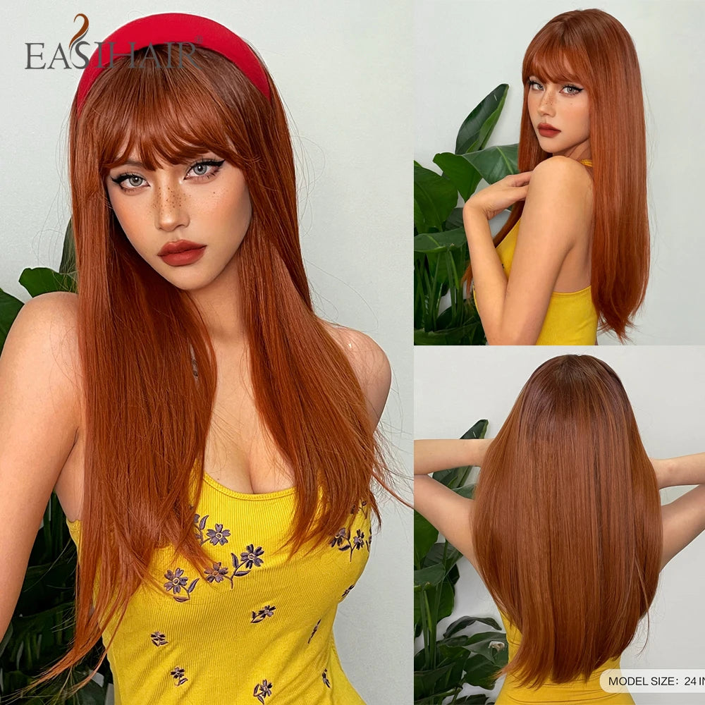 EASIHAIR Long Silky Straight Synthetic Wigs with Bangs Black Lolita Hairm, Natural Heat Resistant Wig
