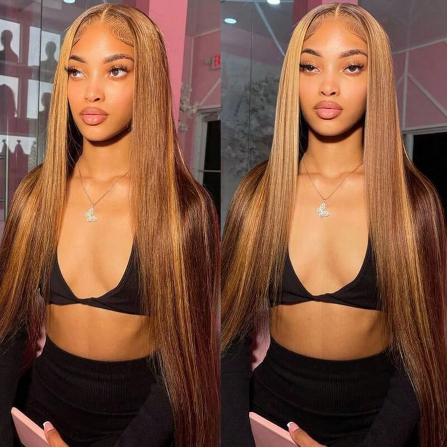 40 44 Inch 13x6 Hd Bone Straight Lace Frontal Human Hair Wigs, Brazilian Colored Highlight Ombre, Raw 360 Full Lace