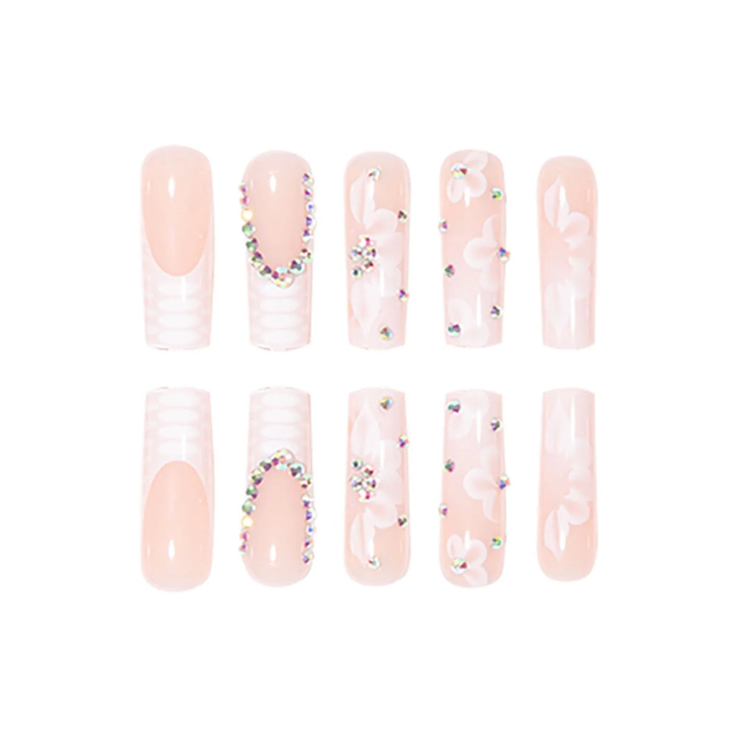 Rhinestone Embellished White Long Square UV Gel Nails