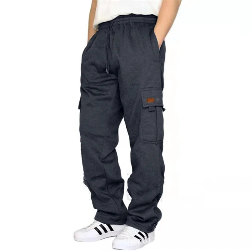 Men’s Loose Cargo Casual Drawstring Elastic Waist Wide Leg Outdoor Trousers