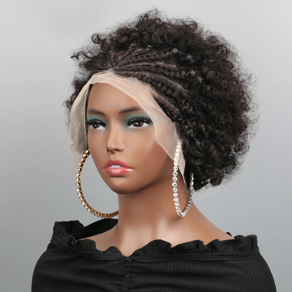 13X4 Afro Kinky Curly Wave Bob Lace Front Braided, Brazilian Remy Human Hair Lace Wig