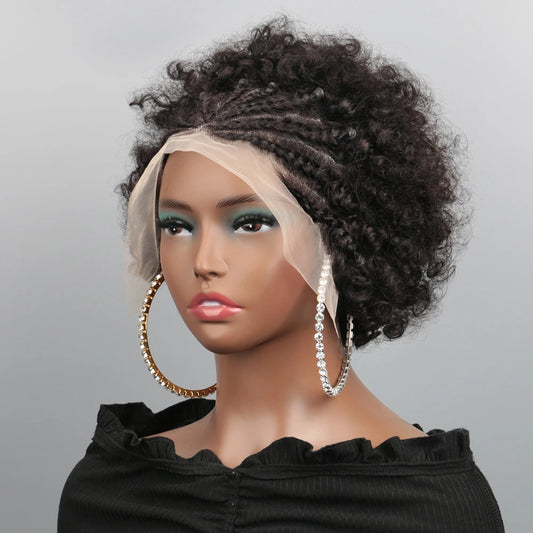13X4 Afro Kinky Curly Wave Bob Lace Front Braided, Brazilian Remy Human Hair Lace Wig