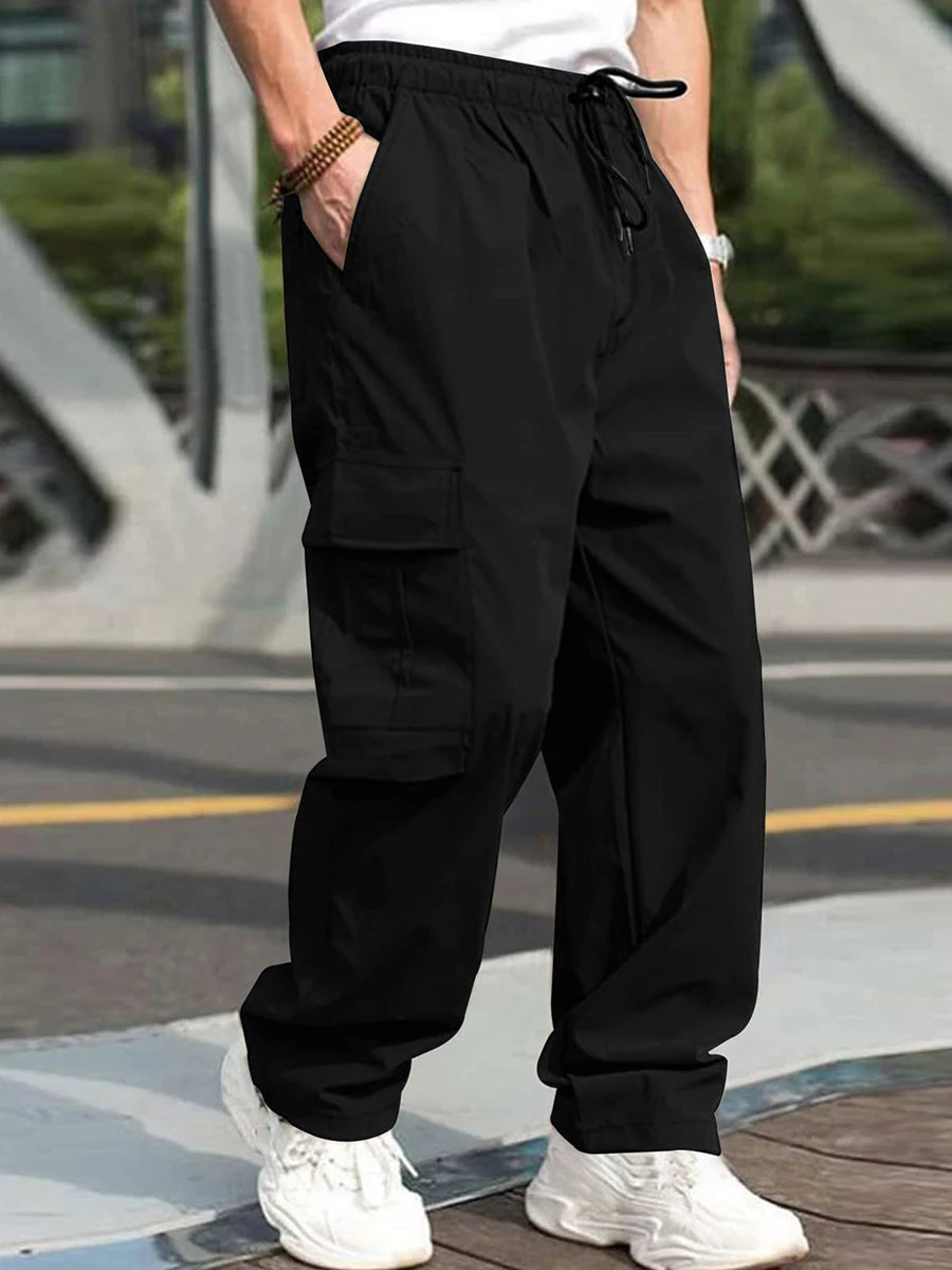 Men's Loose Cargo Pants, Drawstring Waist Straight Leg Pants with Pockets