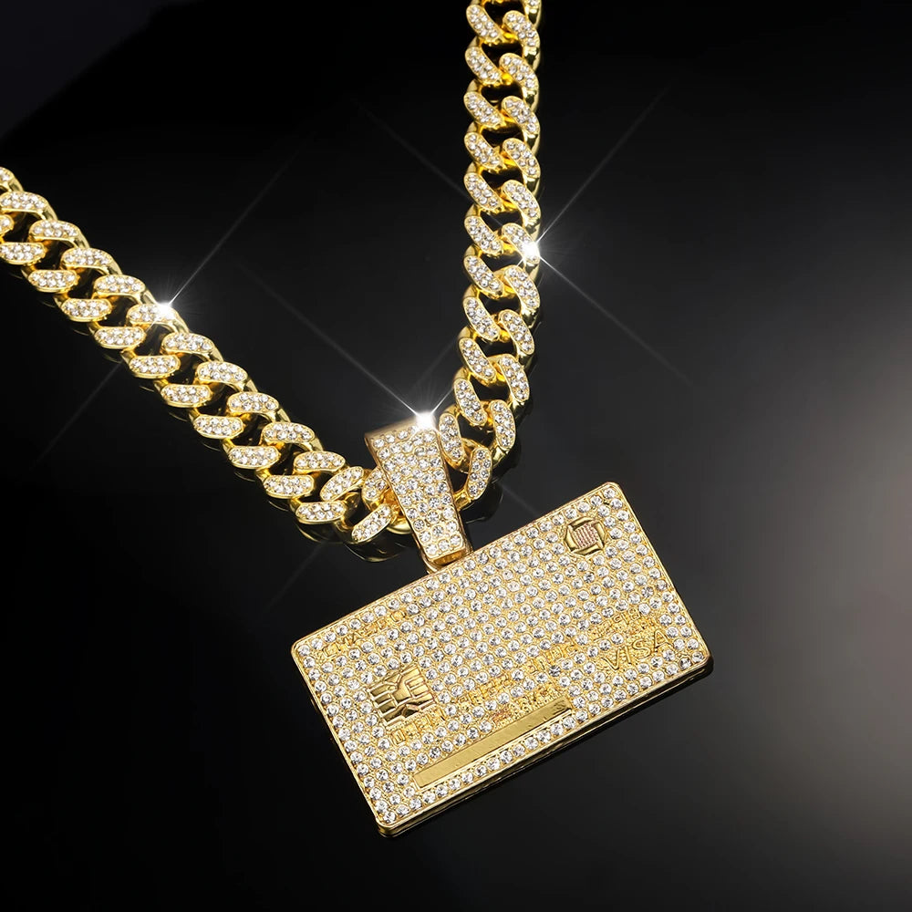 Man's Credit VISA Card Pendant With Zircon Miami Cuban Chain Necklaces