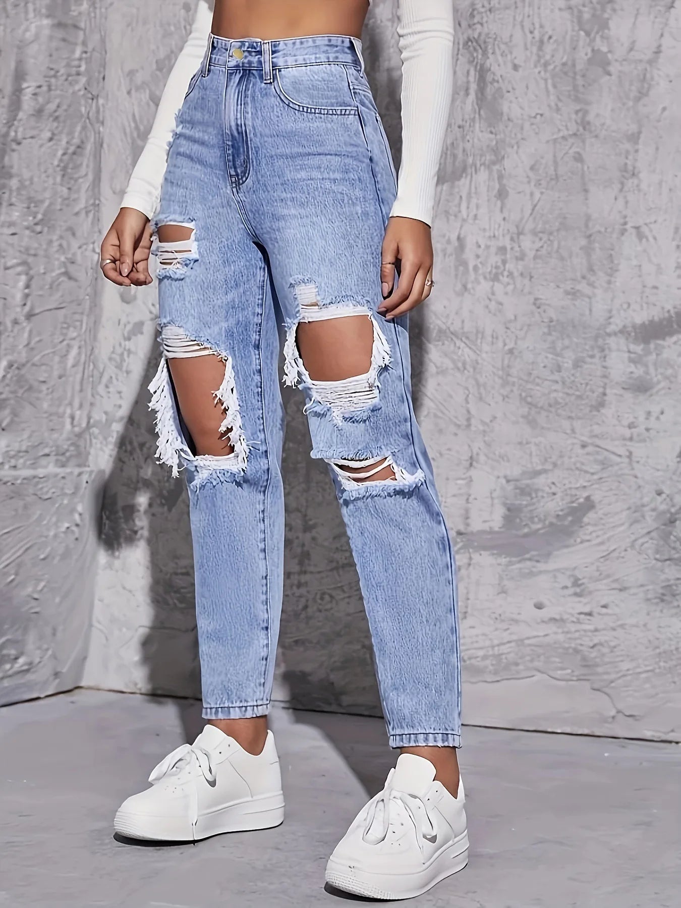 Women's New Denim Pants, High Waisted Straight Leg, Perforated, Casual Style, Fashionable and Versatile