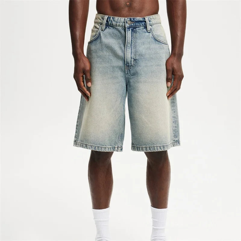 Men's Washed Denim Shorts with Relaxed Fit and High Waist