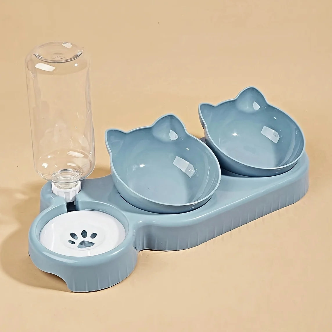 Pet Bowls With Water Feeder, 3 In 1 Ear Design Tilted Cat Water and Food Bowl, Set with Gravity Water Bottle for Neck Protection.