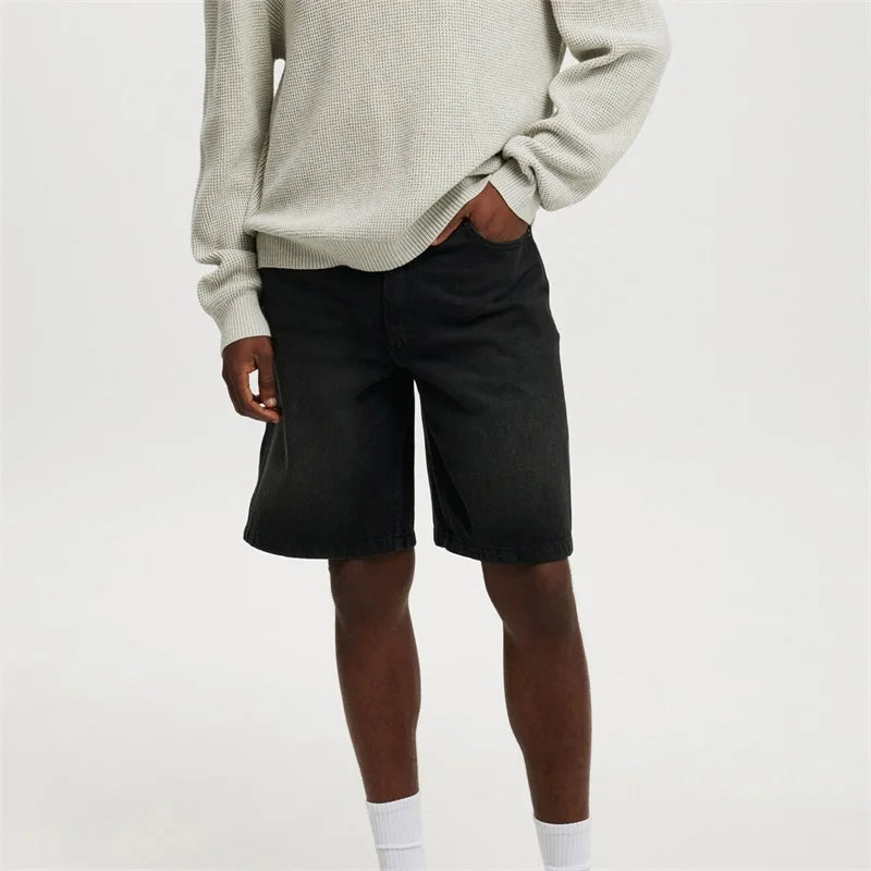Men's Washed Denim Shorts with Relaxed Fit and High Waist