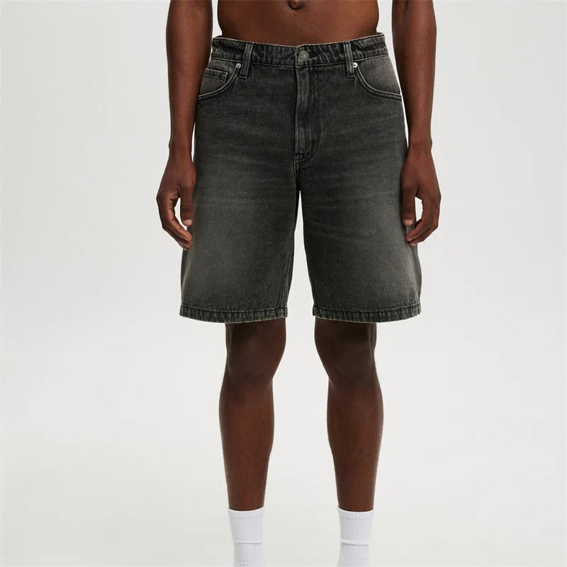 Men's Washed Denim Shorts with Relaxed Fit and High Waist