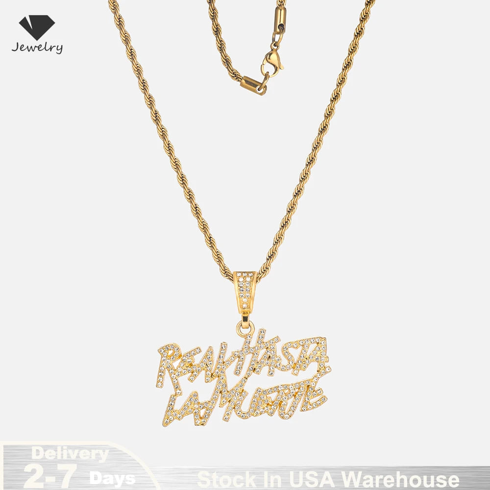 Street Style Real Hasta La Muerte Letter Bling Pendant Necklace