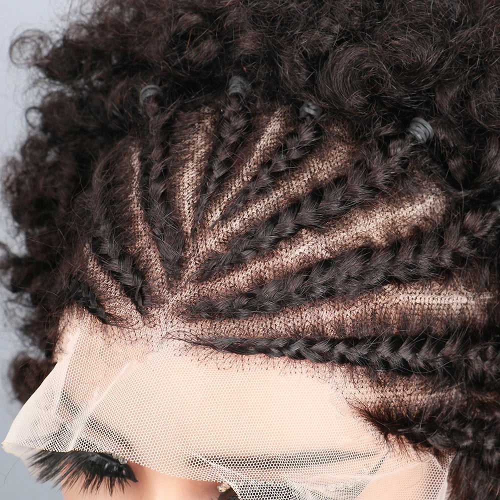 13X4 Afro Kinky Curly Wave Bob Lace Front Braided, Brazilian Remy Human Hair Lace Wig