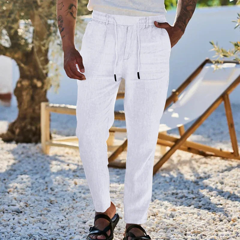 Men's Lightweight Linen Trousers with Adjustable Drawstring Waistband and Straight Leg Design.