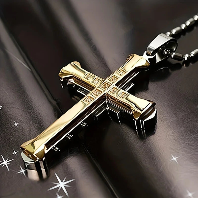 1PC/ Titanium Alloy Cross Pendant Necklace Inlaid with Zircon