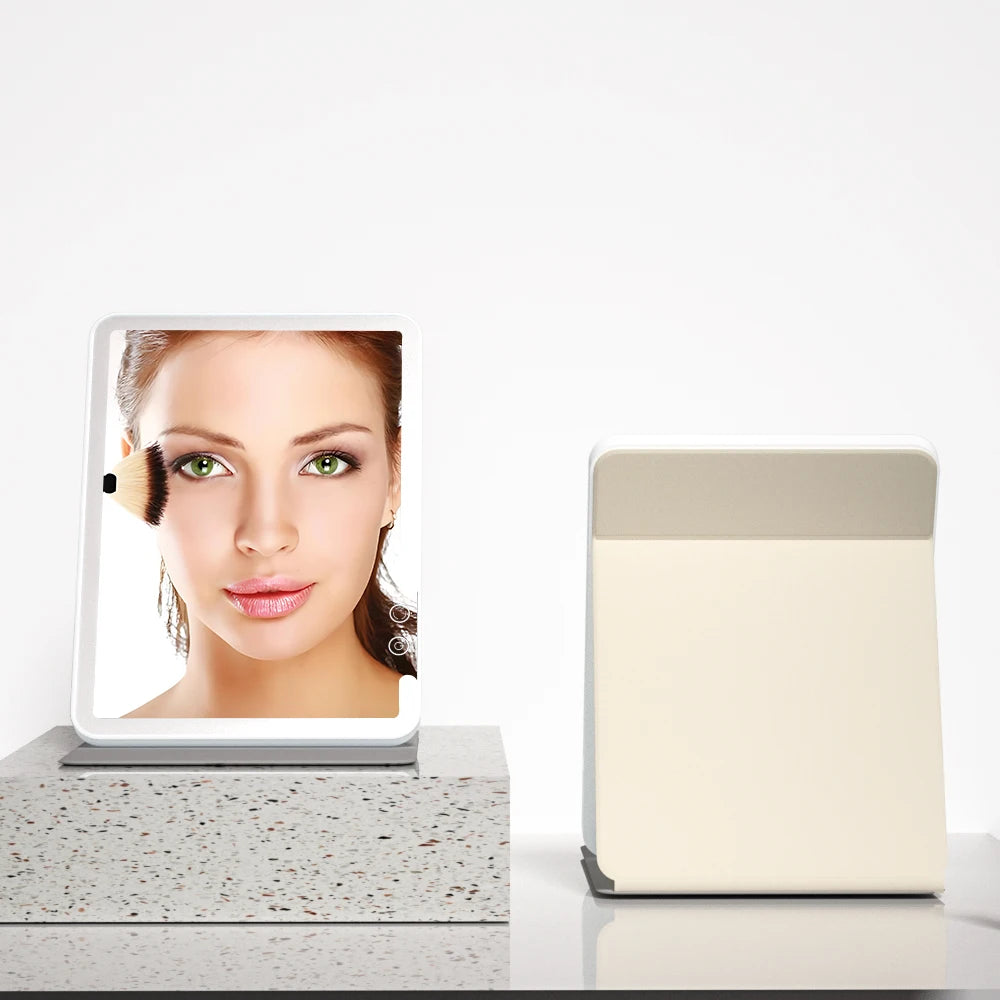 Makeup Mirror Foldable Portable 3-Color Dimmable Lighting, Rechargeable Tabletop Folding Vanity Cosmetic Mirror with LED Lights