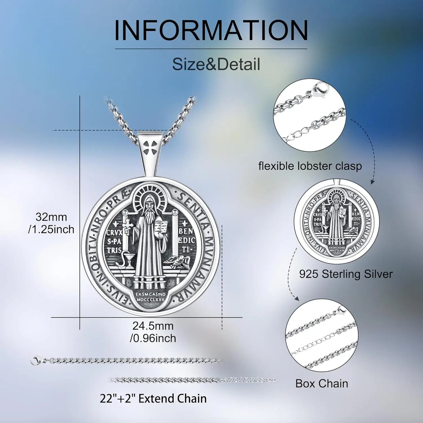 Saint Benedict Necklace 925 Sterling Silver for Men/Women
