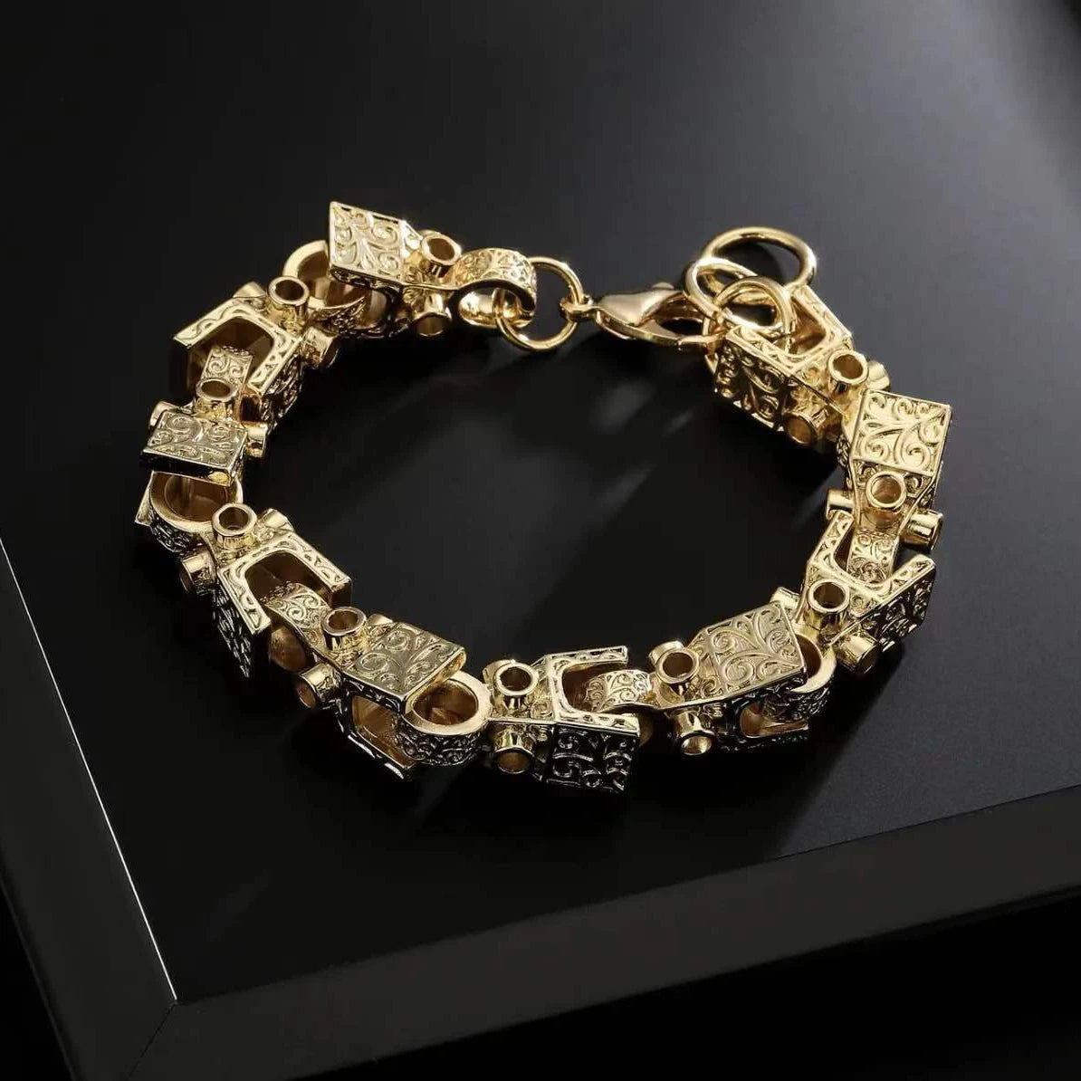 Bubble Letter 3D Block Cuban Link Bracelet for Men, Copper Gold Plated Lobster Clasp