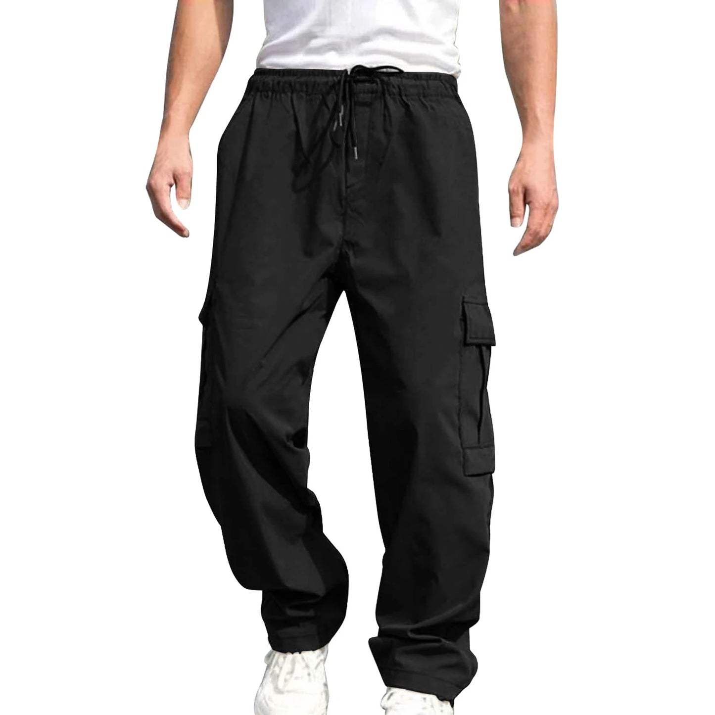 Men's Loose Cargo Pants, Drawstring Waist Straight Leg Pants with Pockets