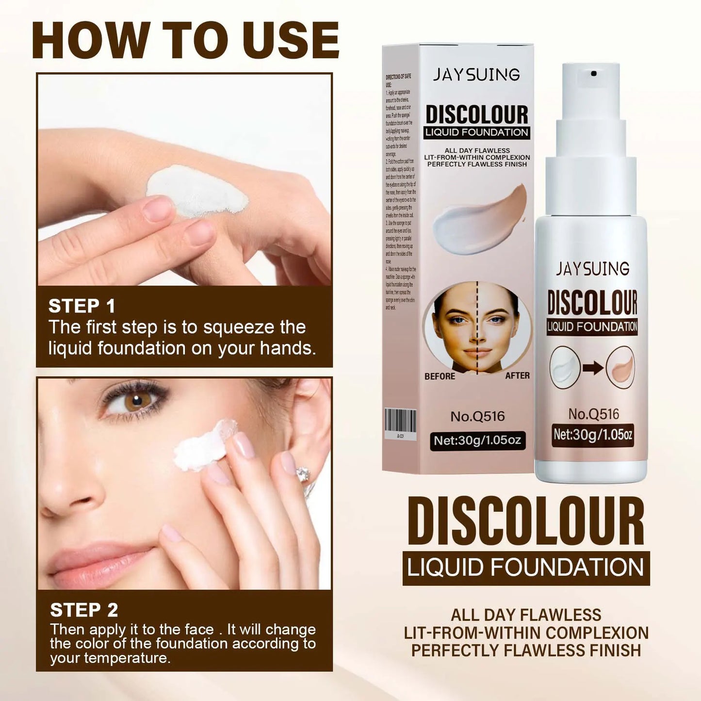 Jaysuing Liquid Foundation, Temperature Color Changing, Waterproof no Creasing Long-lasting Moisturizing.