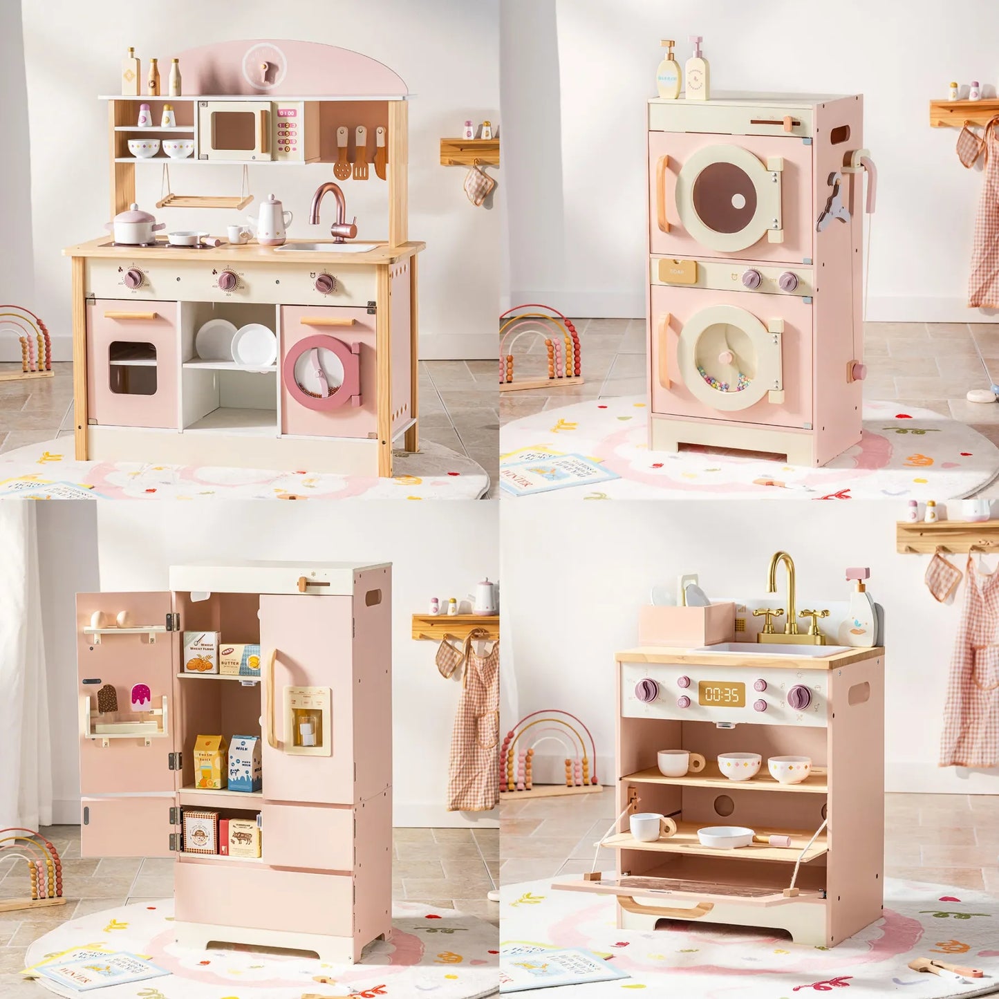 Robotime Robud Kids Corner Kitchen Playset, Wooden Play Kitchen Set with Realistic Sound for Boys and Girls, Pink