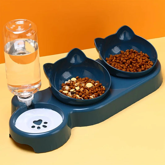 Pet Bowls With Water Feeder, 3 In 1 Ear Design Tilted Cat Water and Food Bowl, Set with Gravity Water Bottle for Neck Protection.