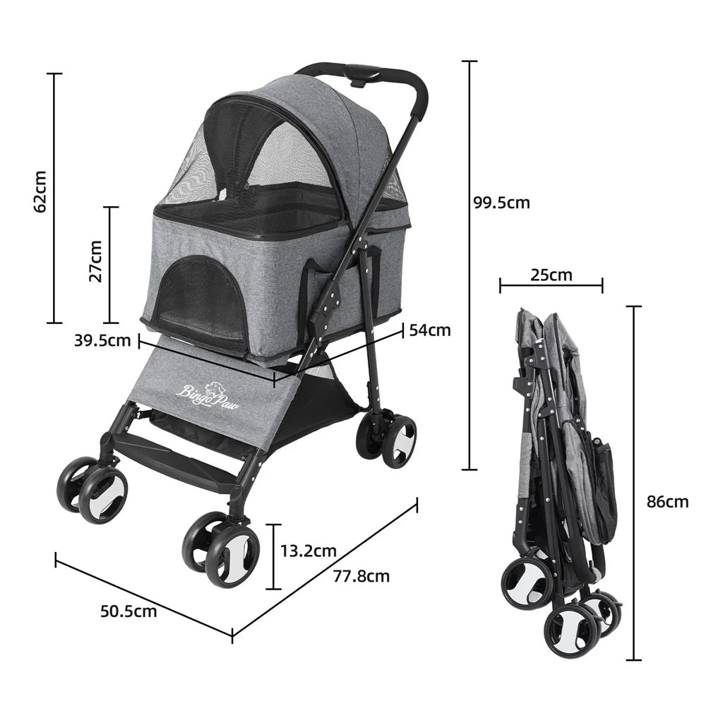 Pet Dog Stroller Foldable Travel Carrier Cart Cat/Dog Pushchair Jogger with 4 Wheels and Rain Cover