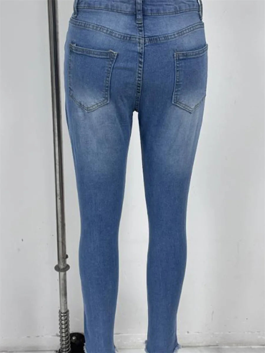 Ladies High Waist Skinny Jeans Stretch Ripped Denim Pants Distressed Cropped Casual Streetwear Fashion