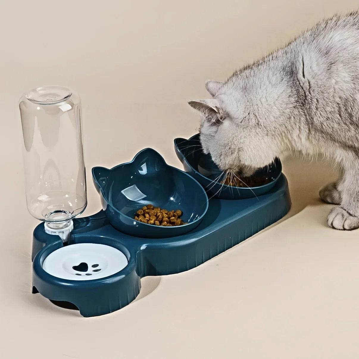 Pet Bowls With Water Feeder, 3 In 1 Ear Design Tilted Cat Water and Food Bowl, Set with Gravity Water Bottle for Neck Protection.