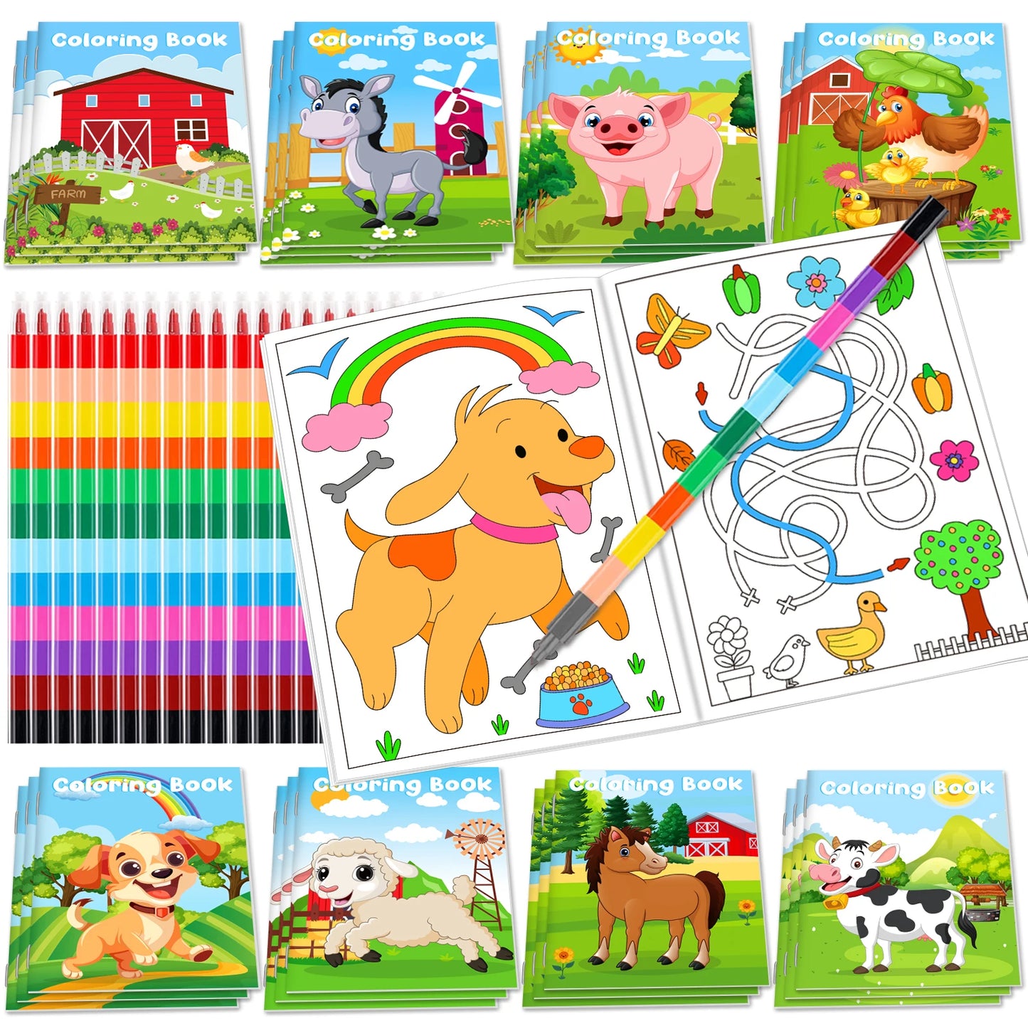 24Pcs Farm Coloring Books for Kids with 24 Stacking Crayons, Mini Coloring Book, Cows, Horses, Barns, Small A