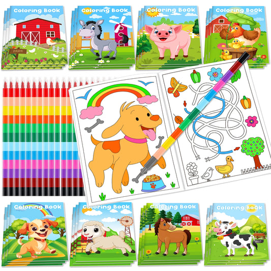 24Pcs Farm Coloring Books for Kids with 24 Stacking Crayons, Mini Coloring Book, Cows, Horses, Barns, Small A