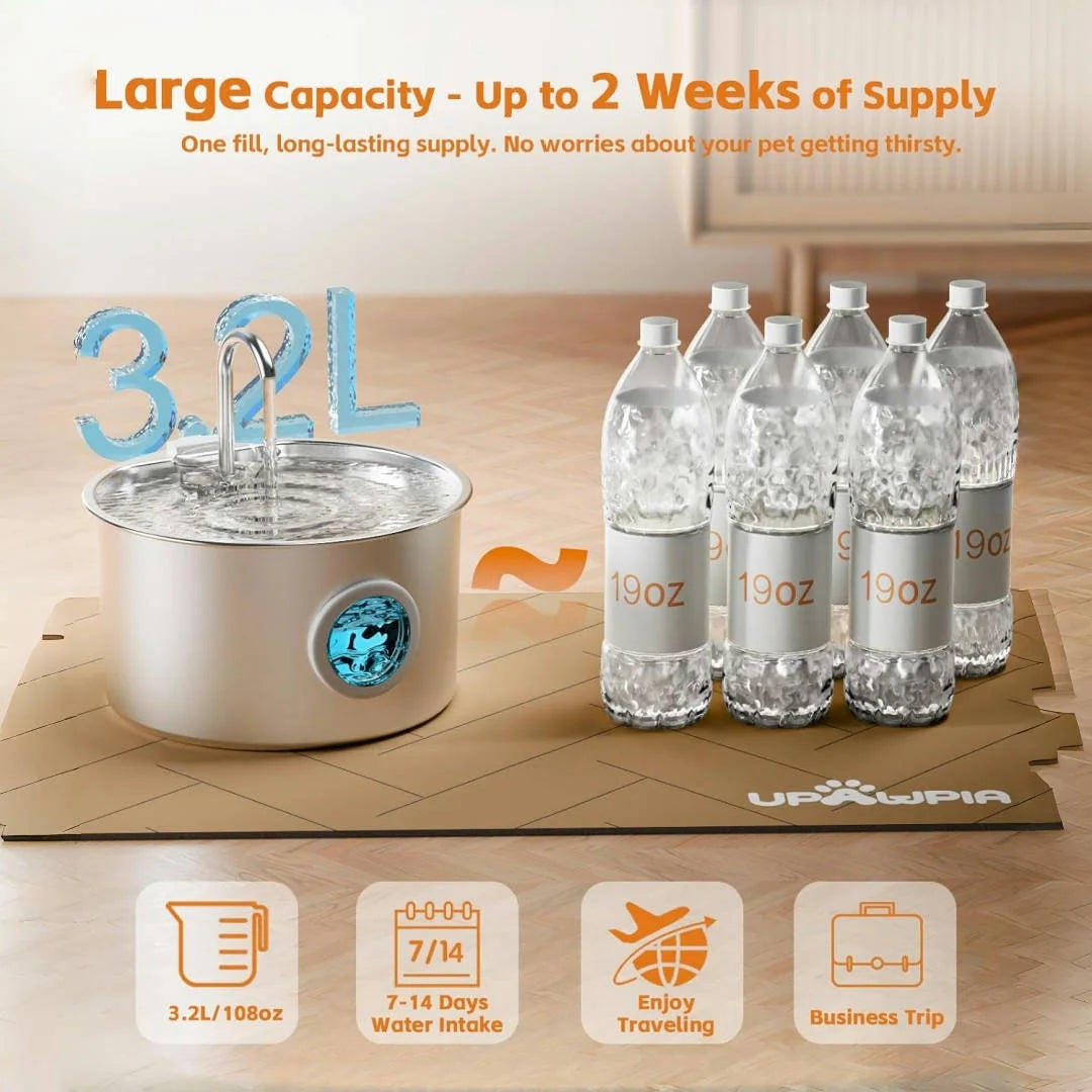 Stainless Steel Cat/Dog Water Fountain, 108oz Pet Fountain Dispenser Automatic for Inside Dog/Cats Drinking, Replaceable filters.