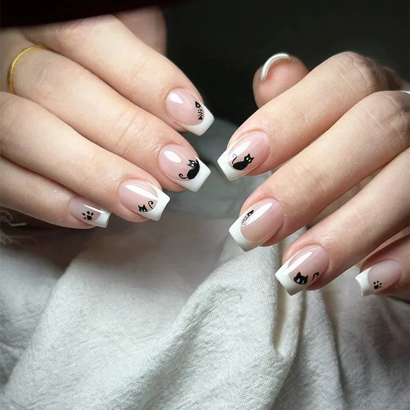 24PCS Fake French Short Nails