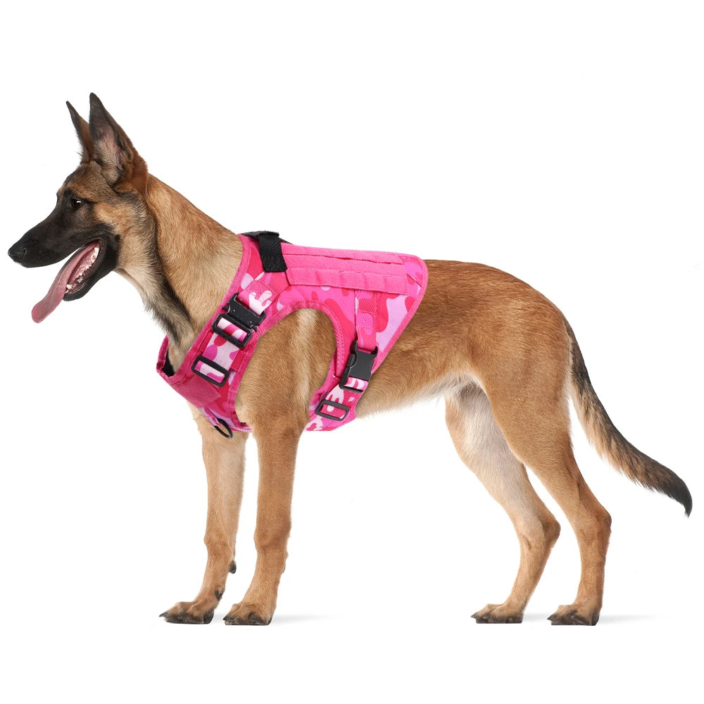 Military Pink Camouflage Dog Harness for Large/Medium Dogs, Harnesses Leash Adjustable, Pet German Shepherd Tactical Training Vest.