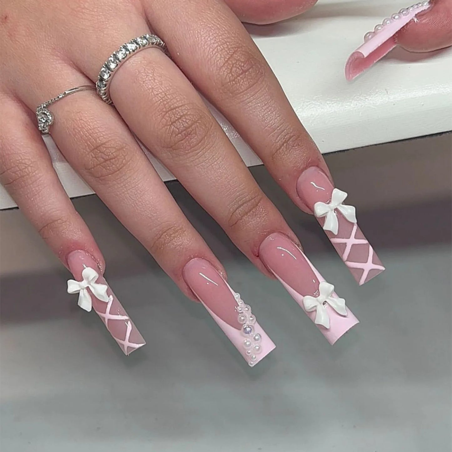 Rhinestone Embellished White Long Square UV Gel Nails