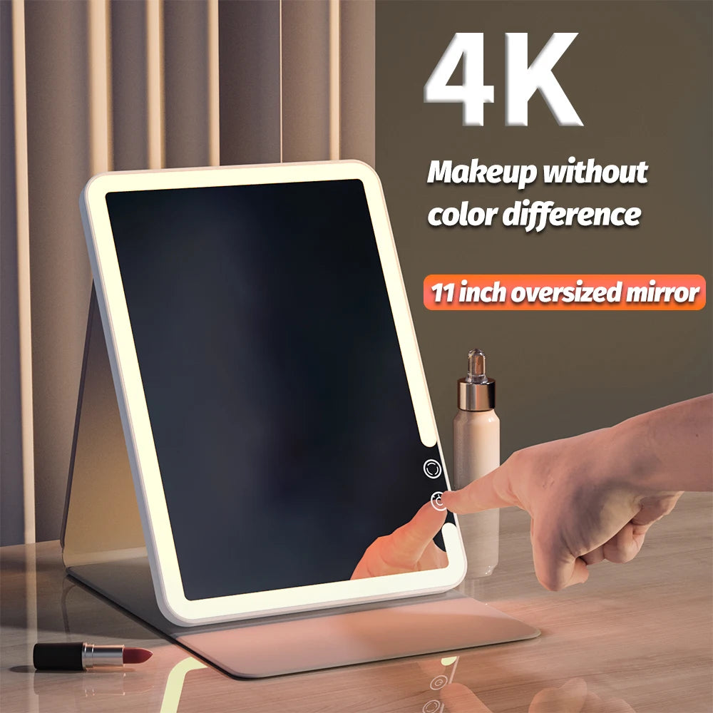 Makeup Mirror Foldable Portable 3-Color Dimmable Lighting, Rechargeable Tabletop Folding Vanity Cosmetic Mirror with LED Lights