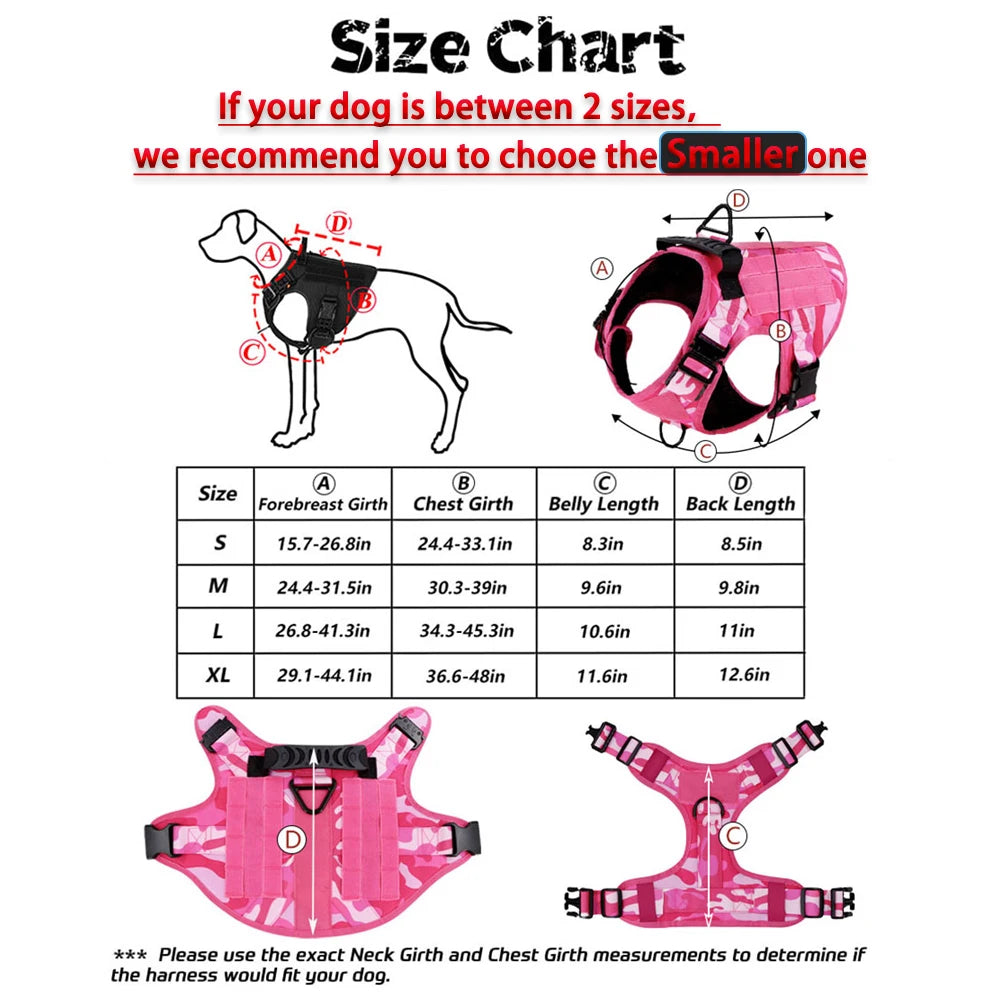 Military Pink Camouflage Dog Harness for Large/Medium Dogs, Harnesses Leash Adjustable, Pet German Shepherd Tactical Training Vest.