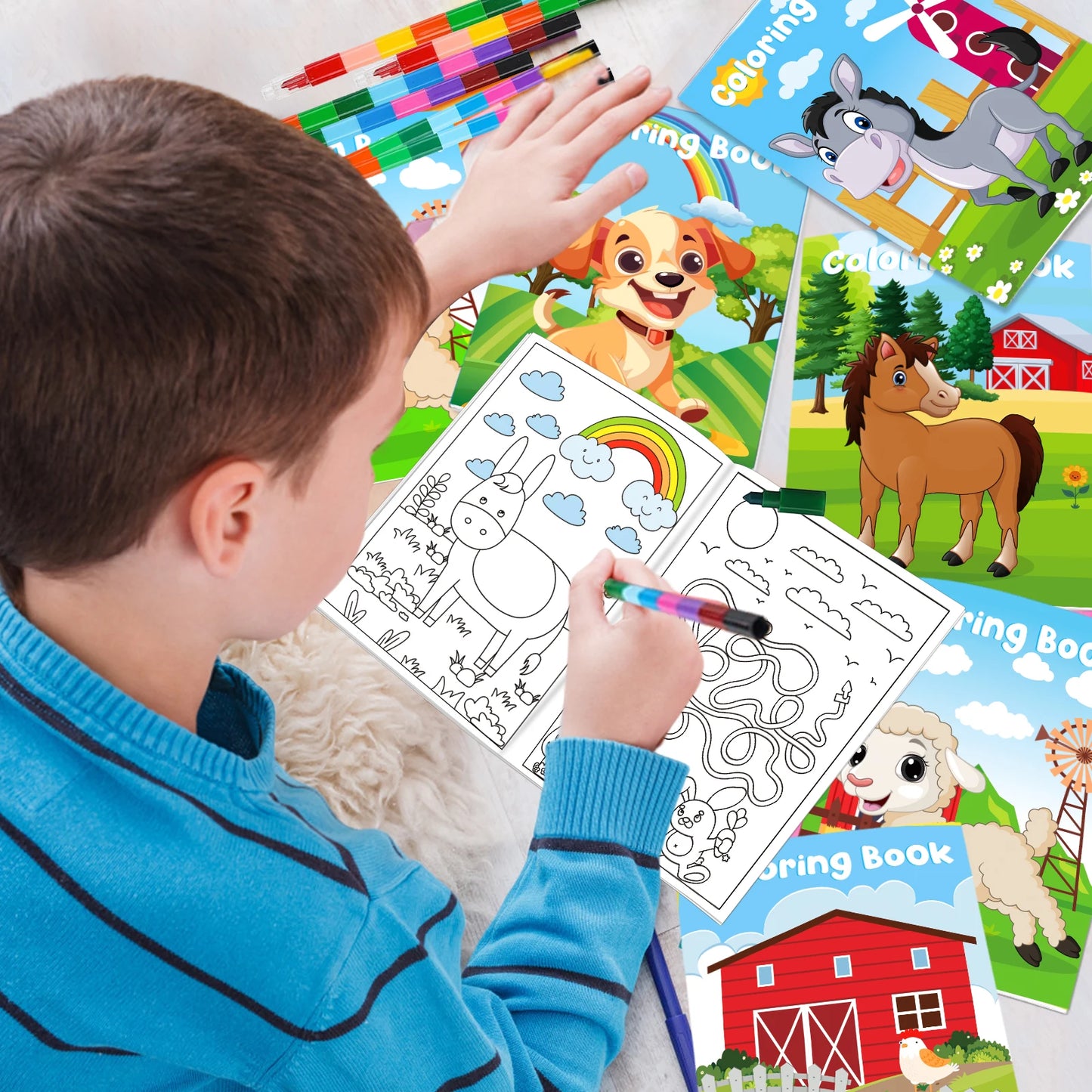 24Pcs Farm Coloring Books for Kids with 24 Stacking Crayons, Mini Coloring Book, Cows, Horses, Barns, Small A