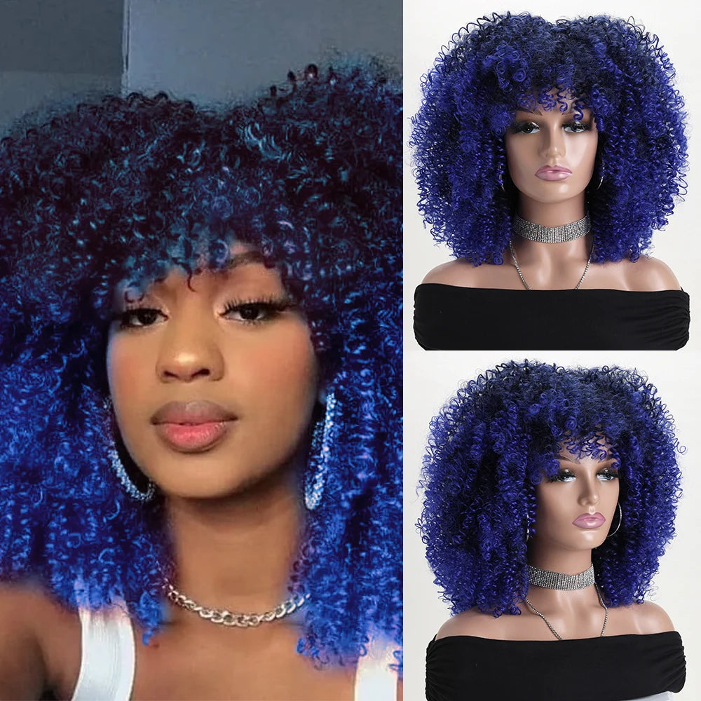 16 Inch Afro Kinky Curly Hair Wigs With Bangs, Soft Fluffy Synthetic Fiber, None Lace Wigs